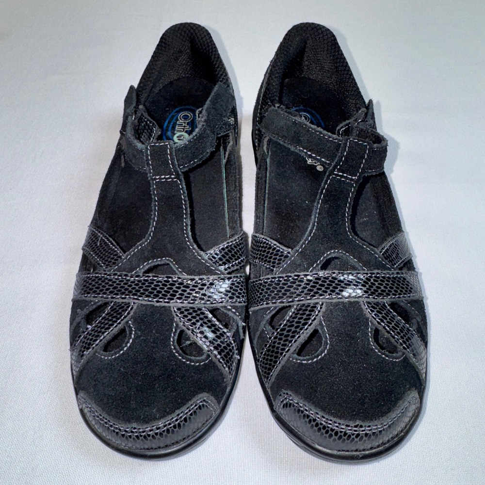 Orthofeet 862 Black Suede Snake Print Mary Jane T-Strap Comfort Shoes Women 7 B